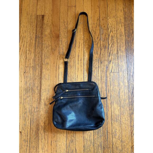 Levenger Leather Crossbody Bag Womens Black Pebbled Purse RFID Organizer Zipper - Picture 1 of 10